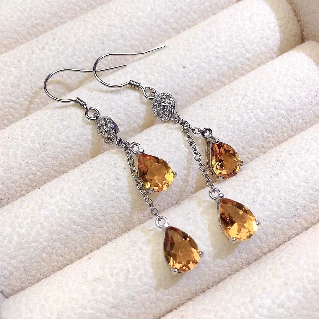 

Fashion Crystal Drop Earrings for Evening Party 6*8mm VVS Grade Natural Citrine Eardrop Solid 925 Silver Citrine Silver Earrings