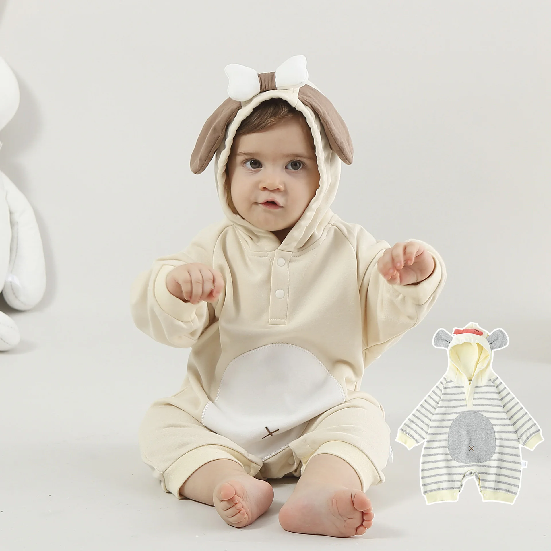 

2023 Autumn Ins Korean Baby Boys Bodysuit Cotton Striped Long Sleeve Loose Hooded Newborn Boys Jumpsuit Infant Boys Outifts