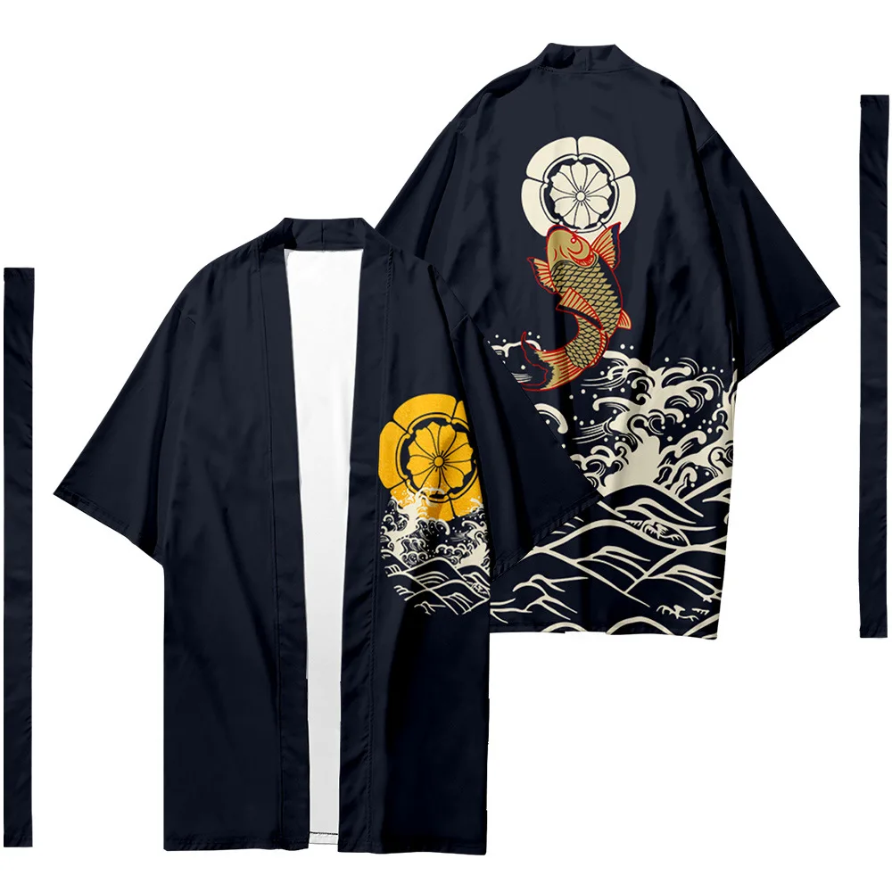 

Men's Japanese Long Kimono Cardigan Men's Samurai Costume Kimono Carp Pattern Kimono Shirt Yukata Jacket 1