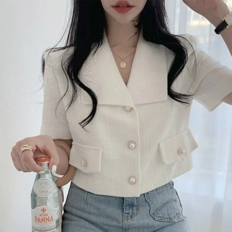 Spring Autumn Polo-neck Elegant Buttons Coat Female Short Sleeve Simple Buttons Blazers Women's Casual Fashion All-match Jacket new 2023 women s buttons blazers oversized plaid pockets jackets notched collar vintage checkered suit spring autumn coat tops