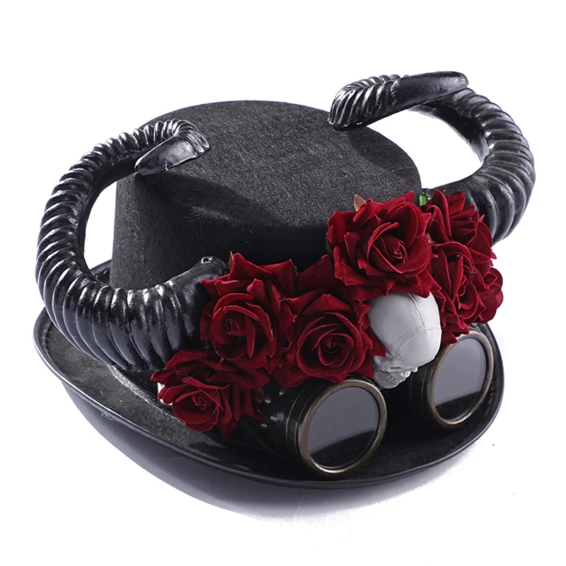 

Women Men Steampunk Top Hat With Goggles For Gay Bowler Retro Gothic Rose Skull Top Hats Halloween Cosplay Accessories Headwear
