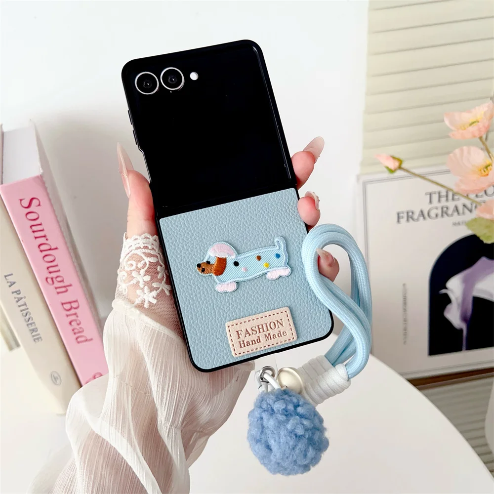 Cartoon Sausage Dog Leather Phone Case with Plush Lanyard – Shockproof Soft Frame Cover