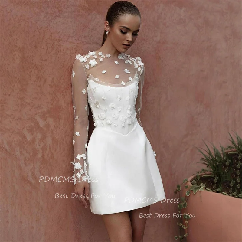 Sexy Solid Satin Short Wedding Dresses High Neck Bodycon Bridal Gowns 3D Appliques Princess Lace Beach Simple Mini Bride Dress
