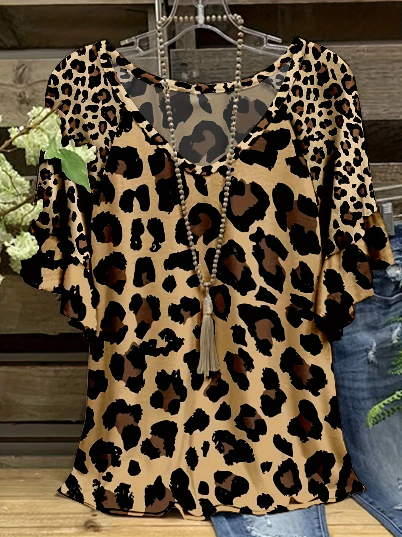 Plus Size Leopard Print T-Shirt Casual Short Sleeve Top For Spring & Summer Women's Plus Size Clothing