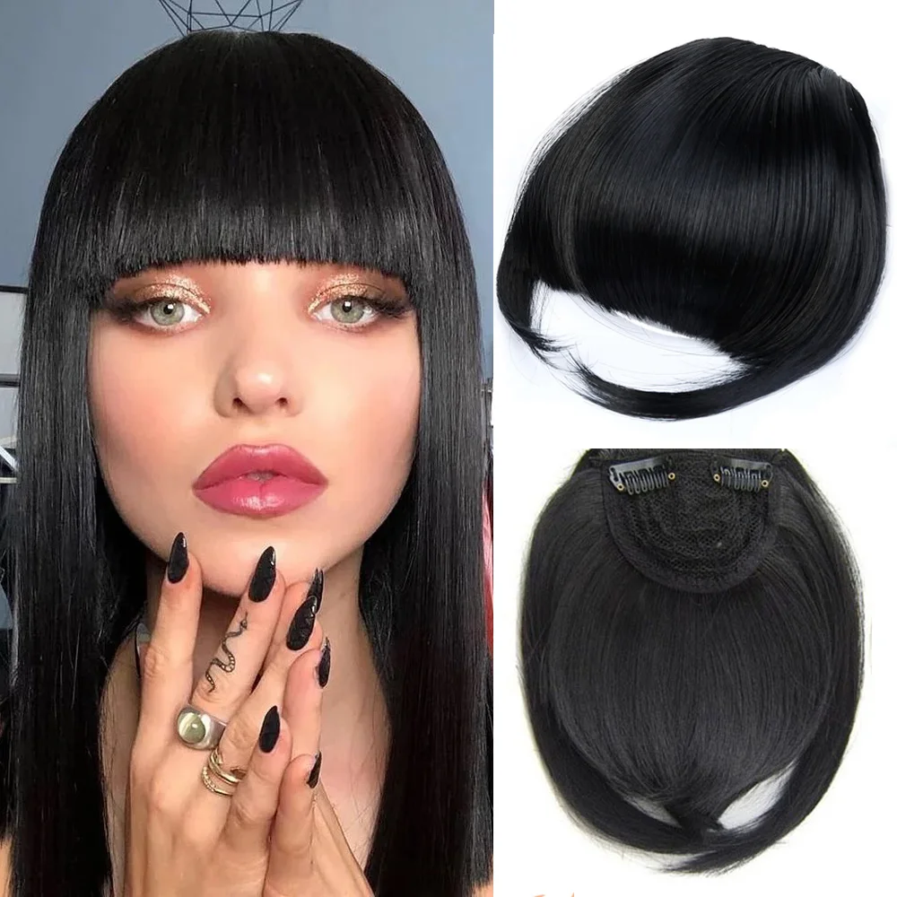 

Synthetic Fake Blunt Hair Bangs Clip In Hair Extension Neat Front Fake Fringe False Hairpiece For Women Clip In Bangs