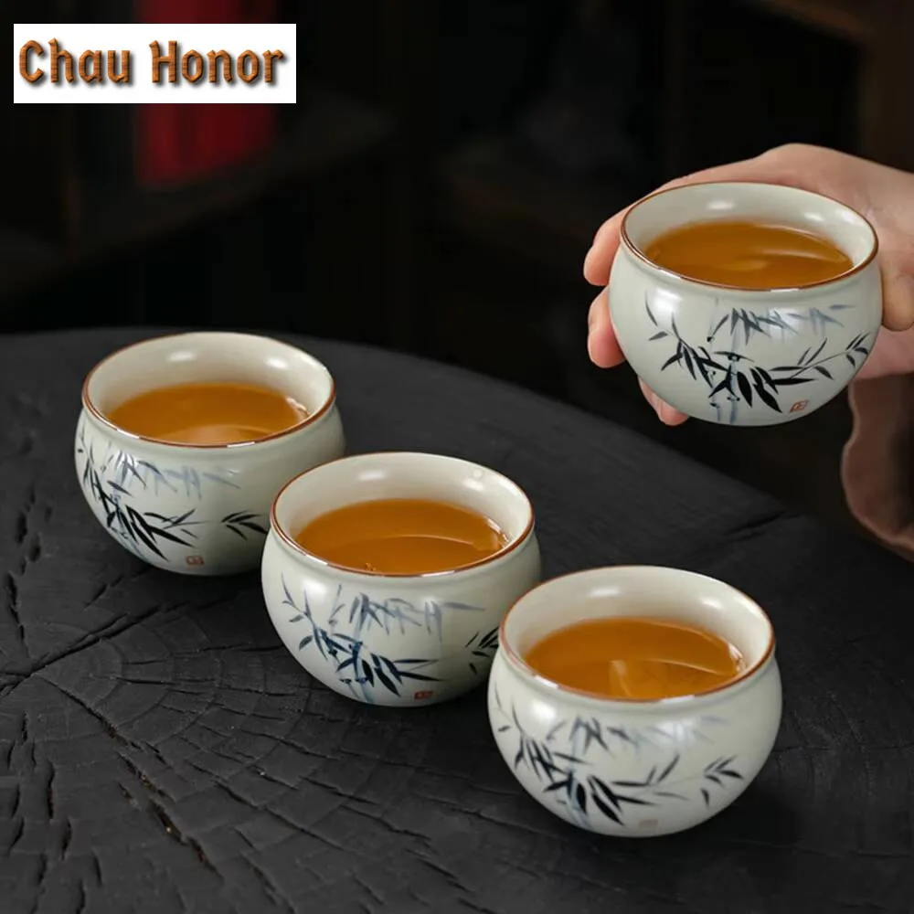 120ml Handmade Ru Kiln Porcelain Teacup  Hand Painted Bamboo Master Cup Personal Mug Can Nourishing Inlaid Silver Dragon Chazhan