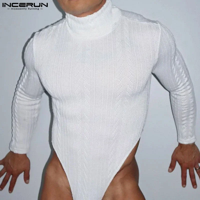 Men bodysuits solid color turtleneck long sleeve streetwear male rompers fitness sexy fashion casual bodysuit S-3XL INCERUN