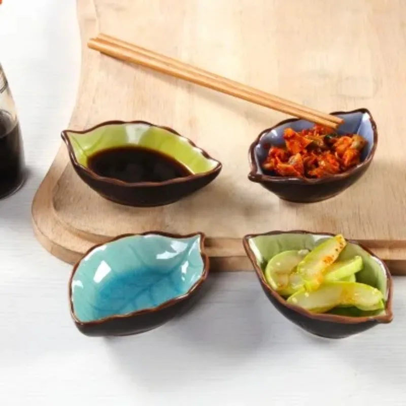 Ceramic Seasoning Plates Kitchen Bowl Ceramic Seasoning Plates Creative Ice Crack Glaze Leaf Small Plates 10*7.5*3cm
