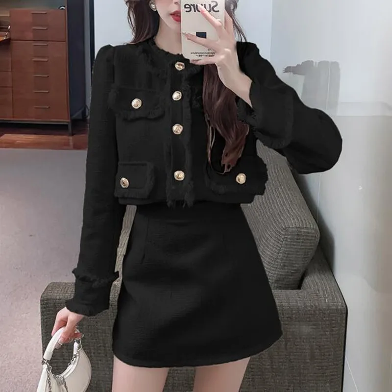 

ZAWFL 2023 Autumn Winter New Small Fragrant Tweed Suit Female Korean Short Coat + High Waist Pleated Skirt Chic Two-piece Set