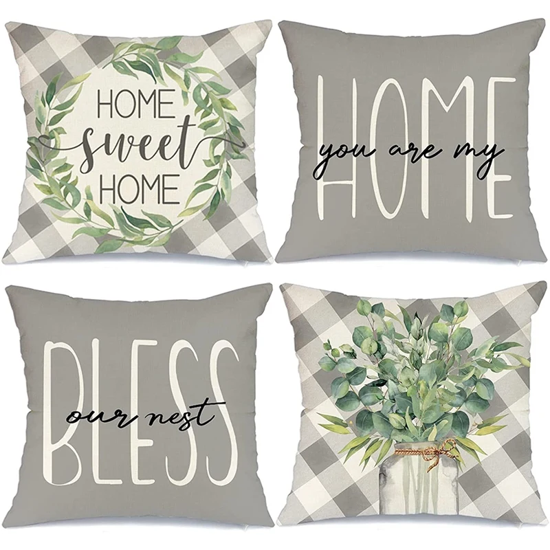 

Promotion! Farmhouse Spring Pillow Covers Set Of 4 18X18 Eucalyptus Leaves Throw Pillows Buffalo Plaid Spring Decorations For Co