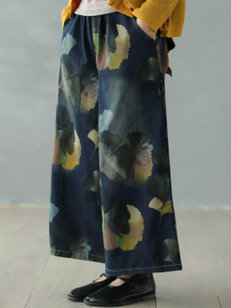Amax luluE 2025 printemps femme mode grande taille jean Floral Denim pantalon à jambes larges femmes ample Vintage décontracté imprimé pantalon