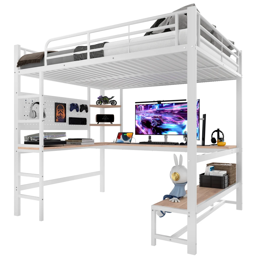90 x 200 cm großes Hochbett, Eisenrahmen, Schreibtisch, Geländer, Rolltreppe, mit USB+Typ-C-Buchse und LED-Leiste, mit perforiertem Brett, ohne Matratze – Detail 34