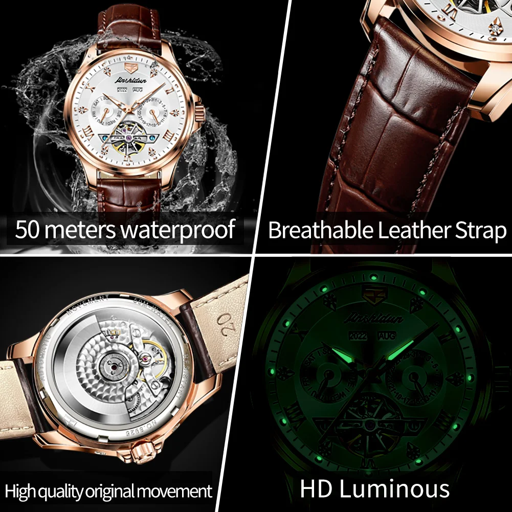 JSDUN 8926 Automatic Mechanical Watch for Men Leather Strap Rose Gold Watch Skeleton Design Fashion Waterproof Man Wristwatches