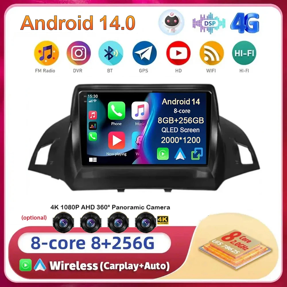 

Android 14 Carplay Auto For Ford Kuga Escape 2013 2014 2015 2016 Multimedia Car Radio Navigation Player Head Unit WIFI+4G Stereo