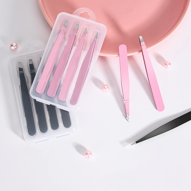 Pink 2/4Pcs High-Quality Eyebrow Tweezer Hair Beauty Fine Hairs Puller Stainless Steel Slanted Brow Clips Removal Makeup Tools 3
