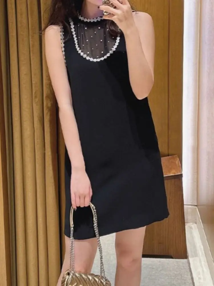 

Женское Сетчатое комбинированное платье, Элегантное летнее мини-платье без рукавов с круглым вырезом и бусинами, 2024