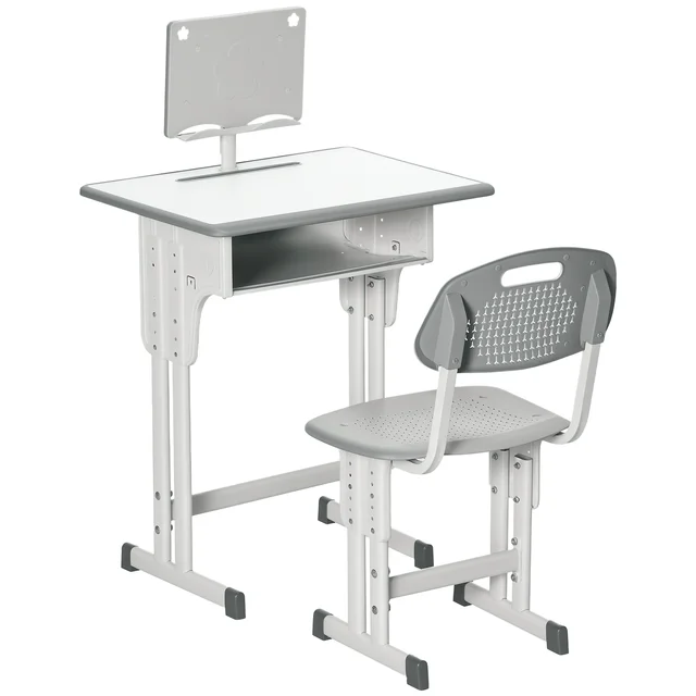 Ensemble bureau et chaise pour enfants Homcom pour les plus de 6 ans, hauteur réglable avec 1 tiroir et étagère à livres 60X45X90-102 cm Gris 1