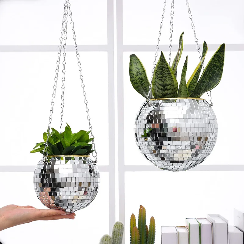 

Disco Ball Hanging Planter Basket Round Mirror Pot flower pot Wall Planter Pot Rope Mirror Hanging Basket Garden Decor Vase