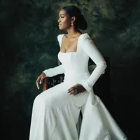 Elegant Mermaid Wedding Dress Women Long Sleeves Square Collar Open Back Satin Customized Bridal Gown Vestidos De Novia 1