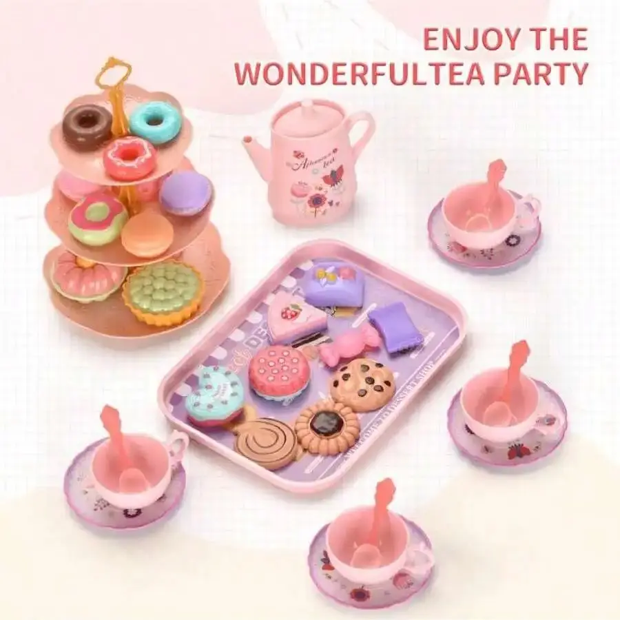 Little Girl Tea Party Set 42 pieces Kitchen Pretend to Play Tea Time Toy with Dessert Biscuits Donuts Pot Princess Gi