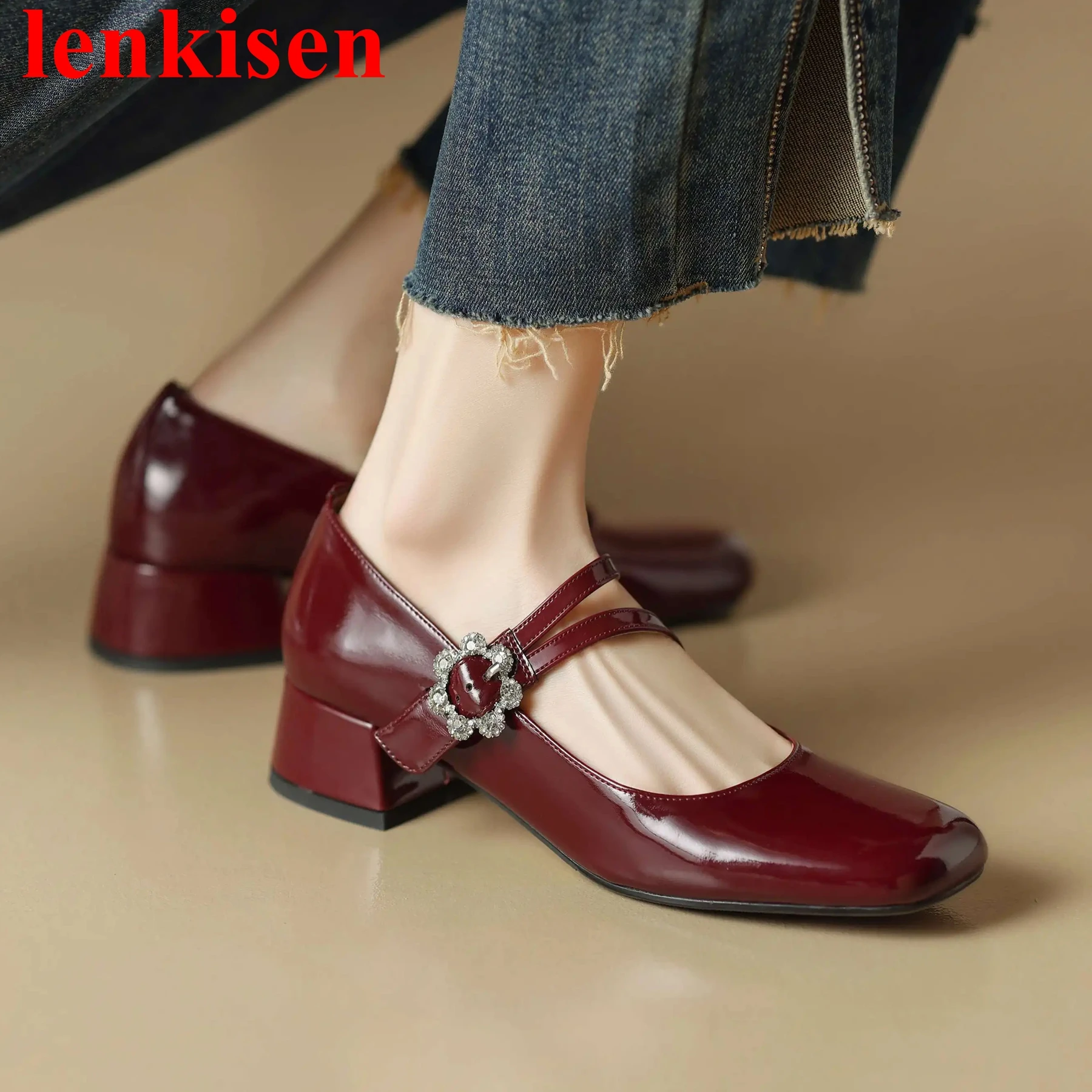 

Lenkisen Patent Leather Mary Janes Shallow Med Heels Buckle Strap Spring Shoes Office Lady Runway Elegant Fashion Women Pumps