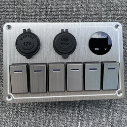 Premium Metal LED Rocker Switch Panel with USB Port and Digital Display - Waterproof for Automotive and Marine Use (DN6 gang Silve)