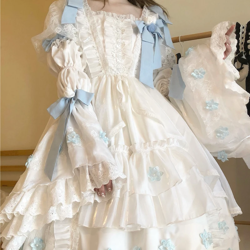 

Japanese Sweet Kawaii White Lolita Dress Women Victorian Vintage Princess Party Wedding Dress Girly Bow Elegant Lolita Clothing