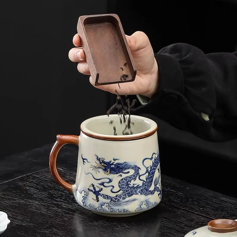 كوب سيراميك من Ru Kiln مع غطاء، كوب فصل الشاي للمنزل، كوب عالي الجودة لصنع الشاي والمكتب، فنجان شاي هدية - التنين الصيني