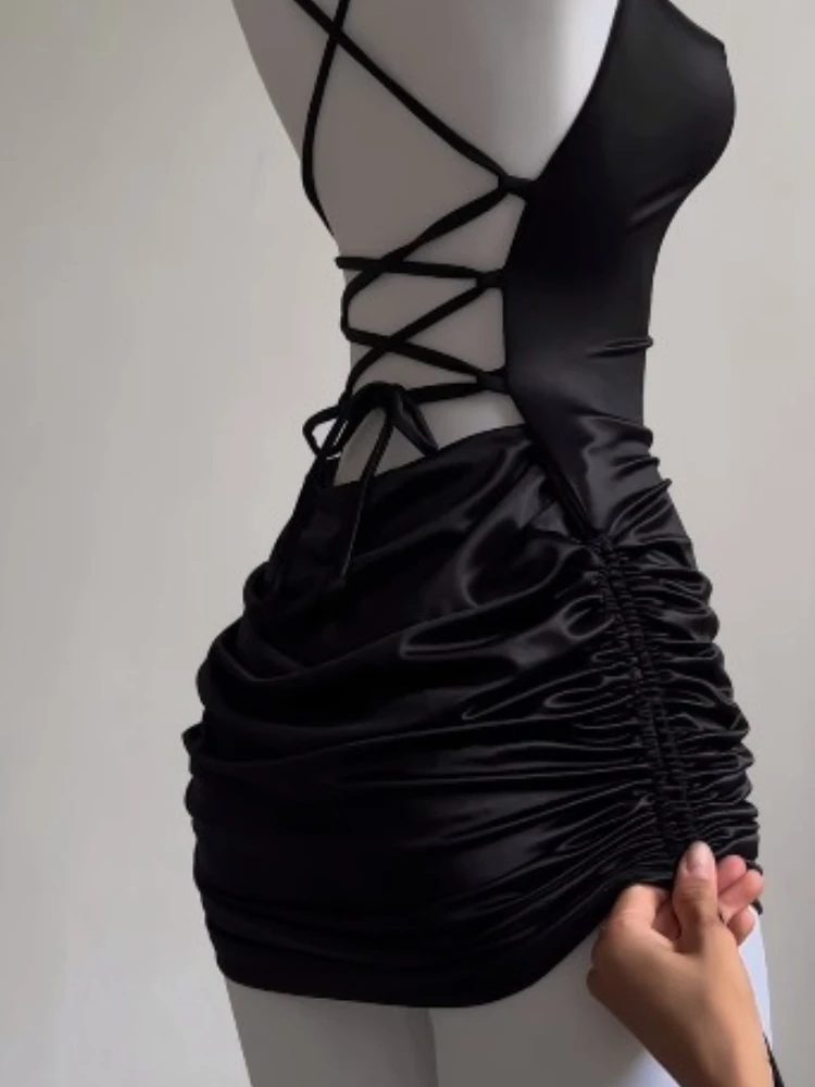 New Spring and Summer Women's Halter U-neck Sleeveless Dress Fashion Drawstring Lace Sexy Suspender Spice Girl Hip short Skirt