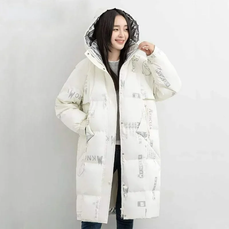 

2024 New Women Cotton Coat Winter Jacket Female Mid Length Version Parkas Loose Thick Glossy Outwear Printing Hooded Overcoat