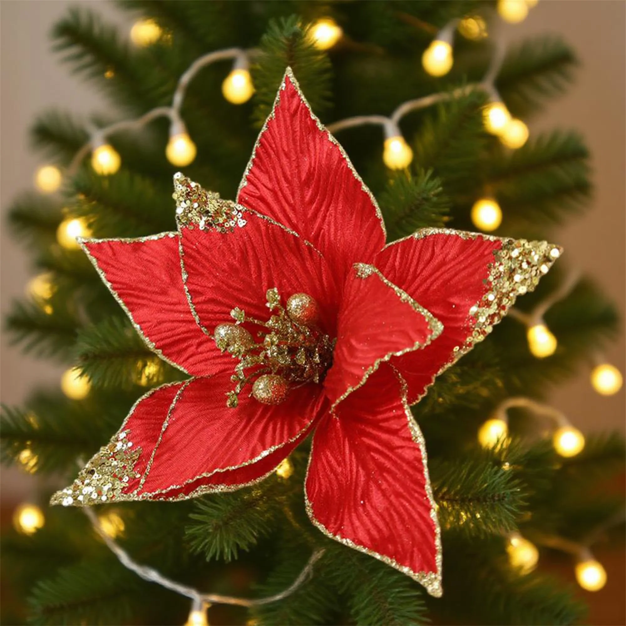 Festive Glitter Poinsettia Wreath with LED Lights for Christmas Decorations - Artificial Red Poinsettias and Greenery for Home