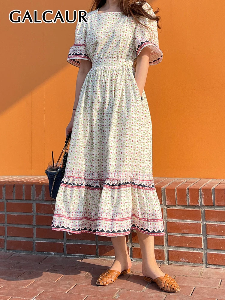 

GALCAUR Hit Color Printing Dresses For Women Square Collar Short Sleeve Tunic Patchwork Lace Up Casual Temperament Dress Female