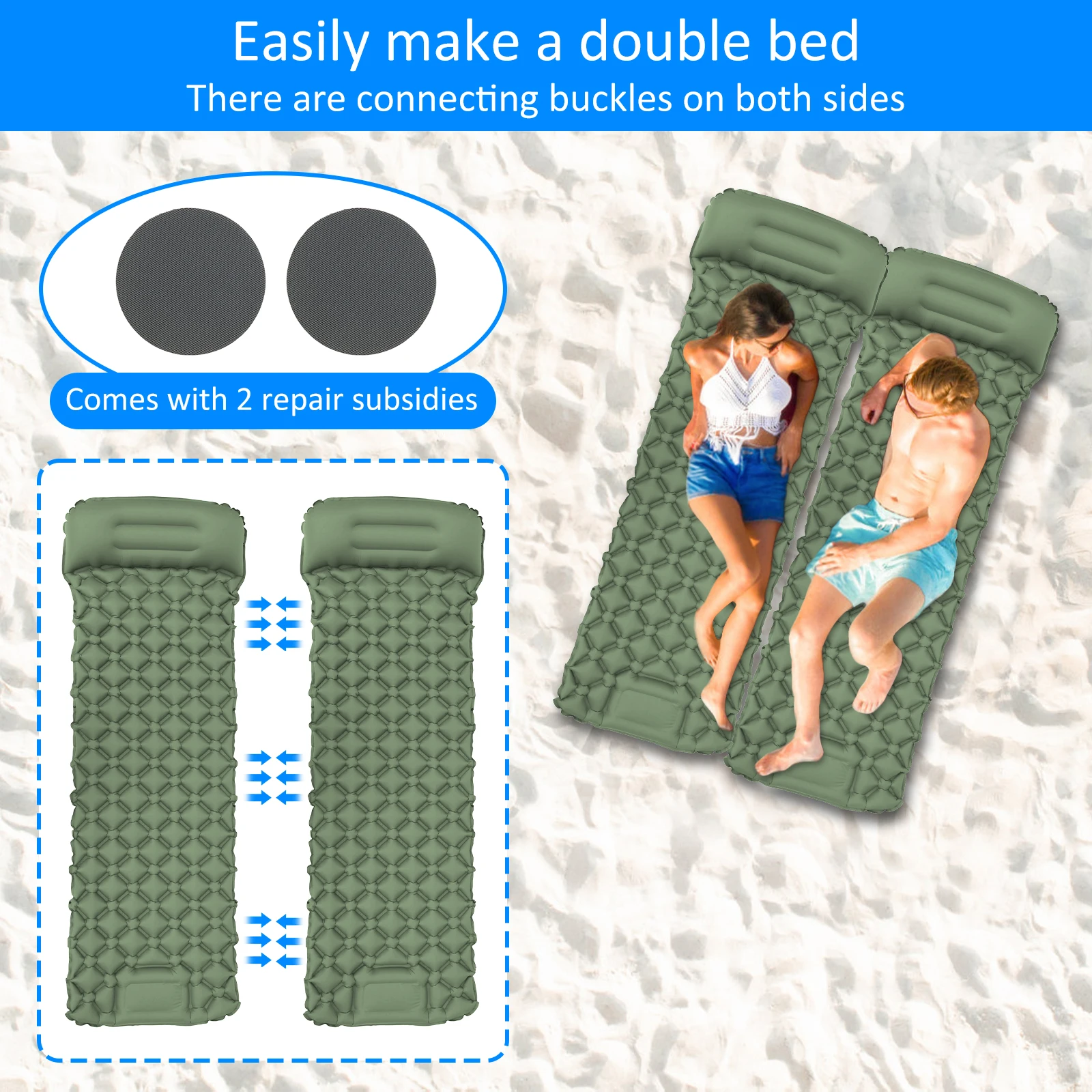Waterproof Nylon Inflatable Camping Sleeping Pad with Pillow for Outdoor Hiking