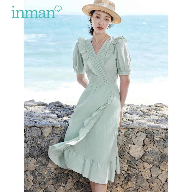 

INMAN Women Dress 2023 Summer Puff Sleeve Ruffled V-neck Slim Waist A-shaped Irregular Hem Romantic Blue Green Mid-length Skirt