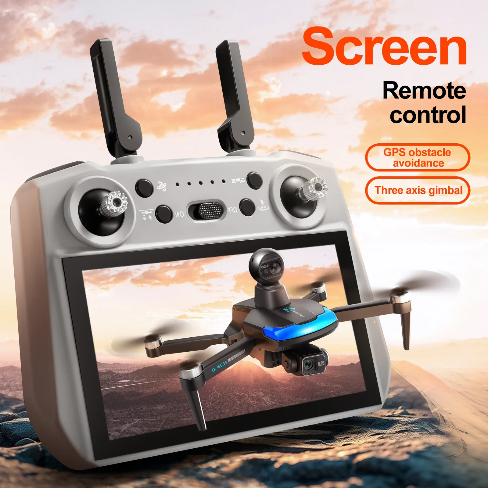 Drone professionnel S185 avec double caméra HD 2.7K et écran tactile survolant un paysage urbain