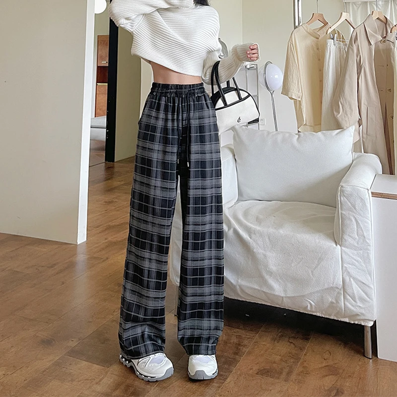 

Fashion Sweatpants Autumn Winter Black White Plaid Casual Pants Elastic Waist Drawstring Straight Trousers Female Clothing