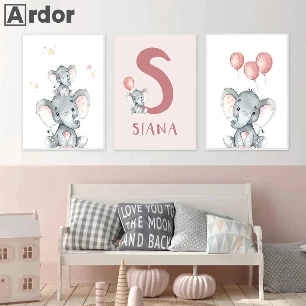 Cute Elephant Posters Custom Name Wall Art Canvas Print Nursery Painting Pictures Nordic Wall Poster Baby Kids Room Decoration ballet princess nursery nordic poster unicorn wall art canvas painting swan wall pictures prints for children kids room decor