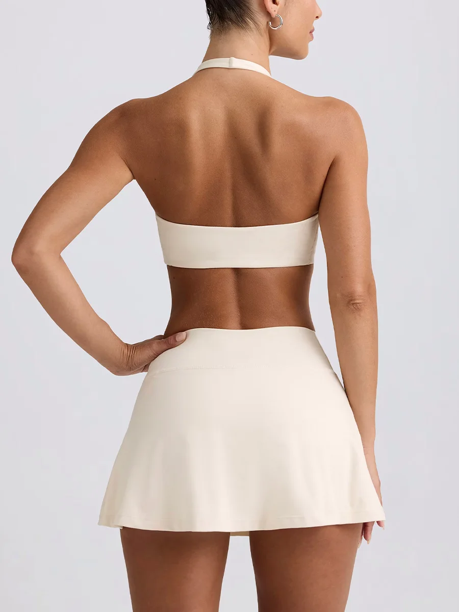 Women's Fitness Suits Shock-absorbing Neck Hanging Bra Privacy Resistant Tennis Skirt High Elasticity Brushed Skirt Yoga Sets 2