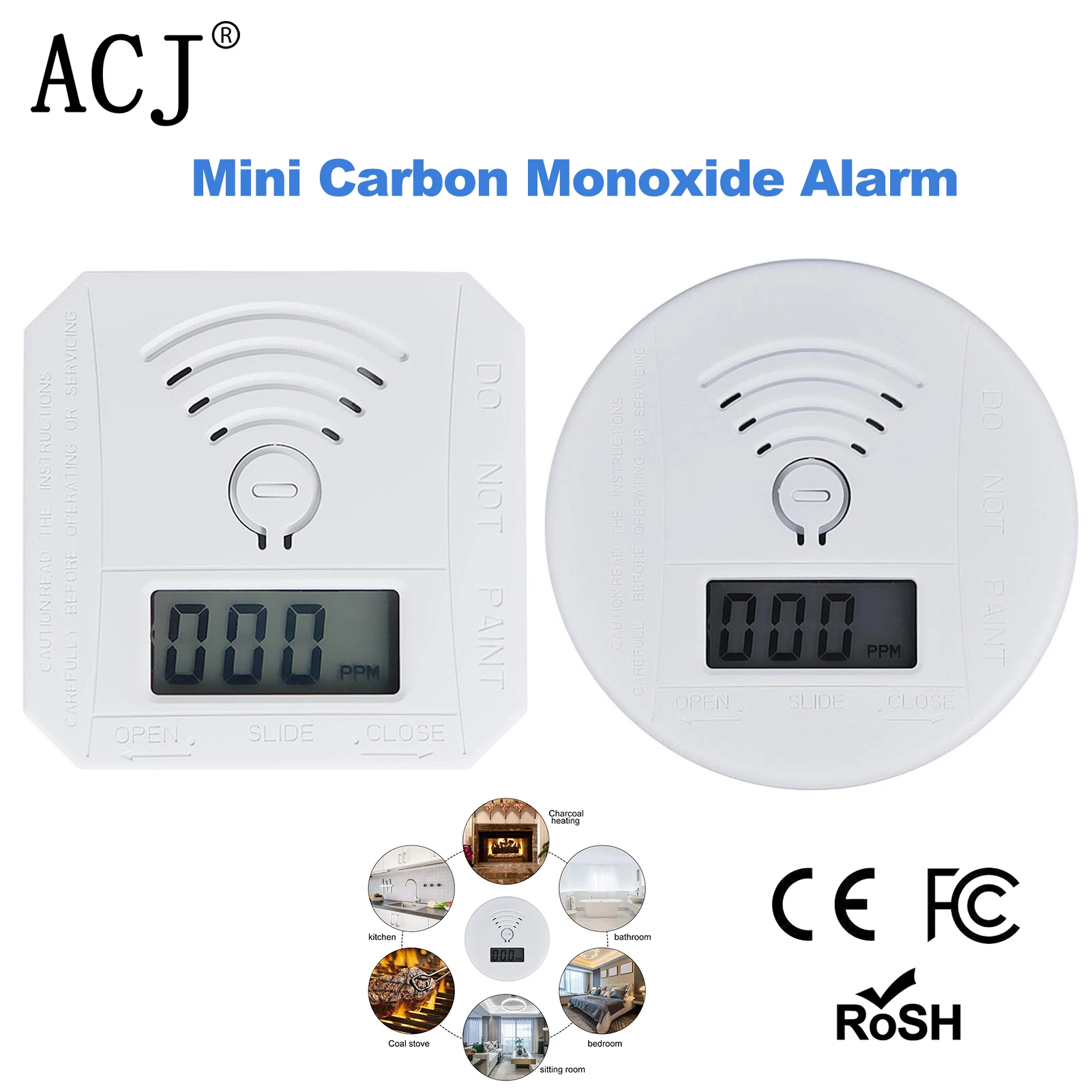 Carbon Monoxide Alarm Detector ACJ CO Sensor Battery Powered LED Digital Display Sound Warning Home Kitchen