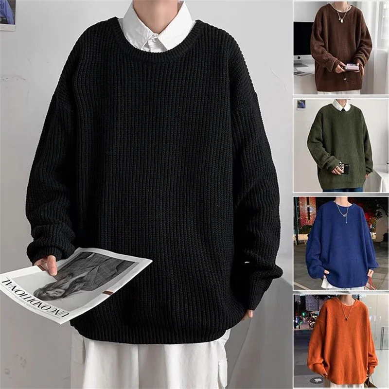 

Spring Men's Korean Fashion Knitted Sweater Harajuku Oversized Sweaters Loose Vintage Streetwear O-Neck Pullover Knitwear Top