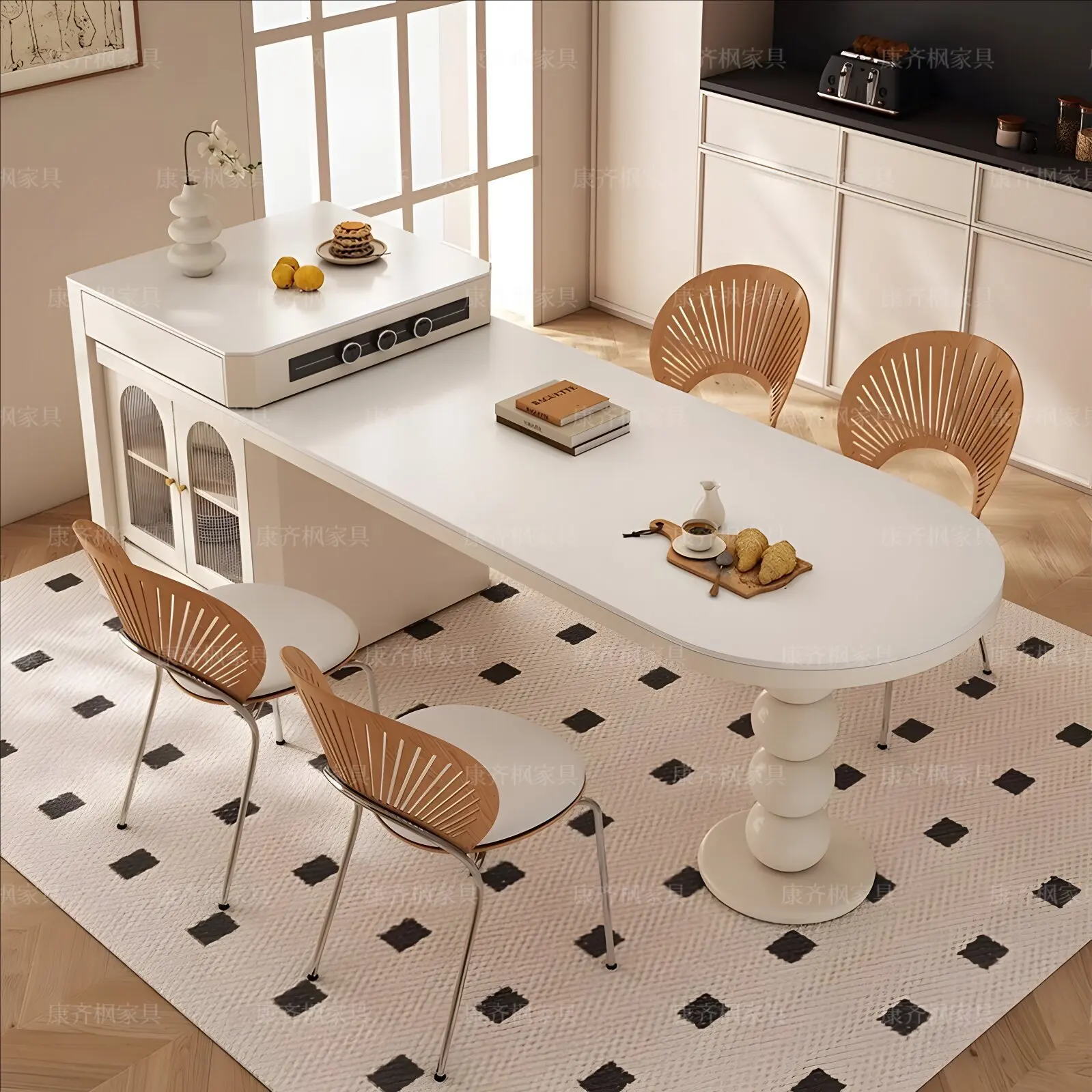 שולחן אוכל אי צרפתי משולב מתקפל בסגנון ביניים ביתי סלע צלחת קרם סגנון אור יוקרתי מונה בינוני