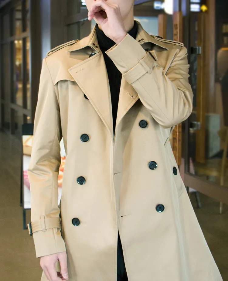 British Trend Long Windbreaker Europe Version Slim Fit Spring Autumn Casual Coat Double Breasted Business Men Fashion Trench
