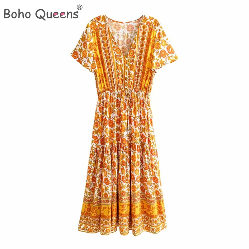 Boho Queens Yellow Floral Print Bohemian Beach Robe Midi Dresses Lady V