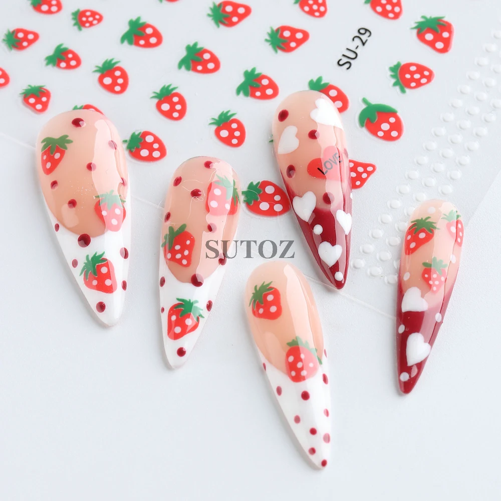 3D Strawberry Nail Art Stickers Heart White Round Dot Nail Decal Y2K Strawberry Slider Self-Adhesive Manicure Decoration NTSU-29