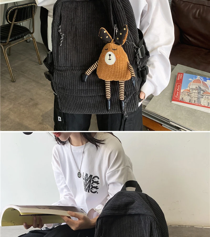 Japanese kawaii Corduroy famale Backpack Harajuku Cartoon Cute School bag for teenager Girls Y2K Large capacity Women Backpacks