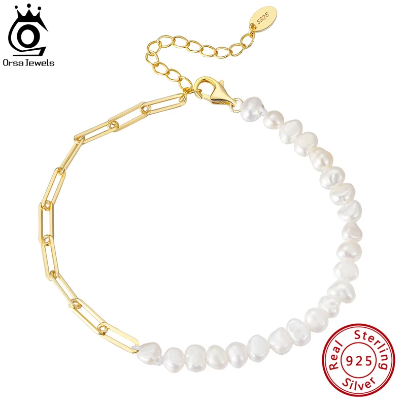 ORSA JEWELS 925 Sterling Silver Natural Freshwater Pearl Bracelet with Chunky Paper Clip Link Chain for Women Fine Jewelry GPB01