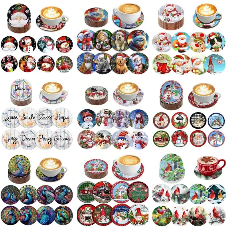 

8/6Pcs DIY Christmas Diamond Painting Coaster Snowman Carton Animal Diamond Art Mosaic Drink Cup Pad Table Placemat Cup Cushion
