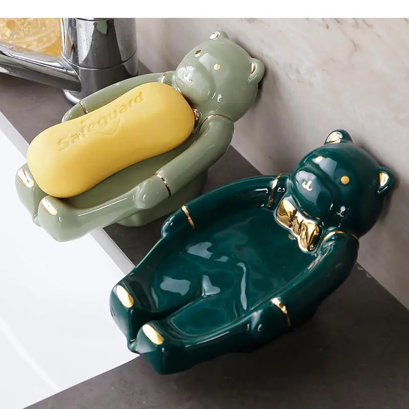 

Ceramic Soap Dish Cute Bear Shaped Draining Soap Dishes Boxes Ornaments Home Bathroom Storage Racks Shelves Bathroom Accessories
