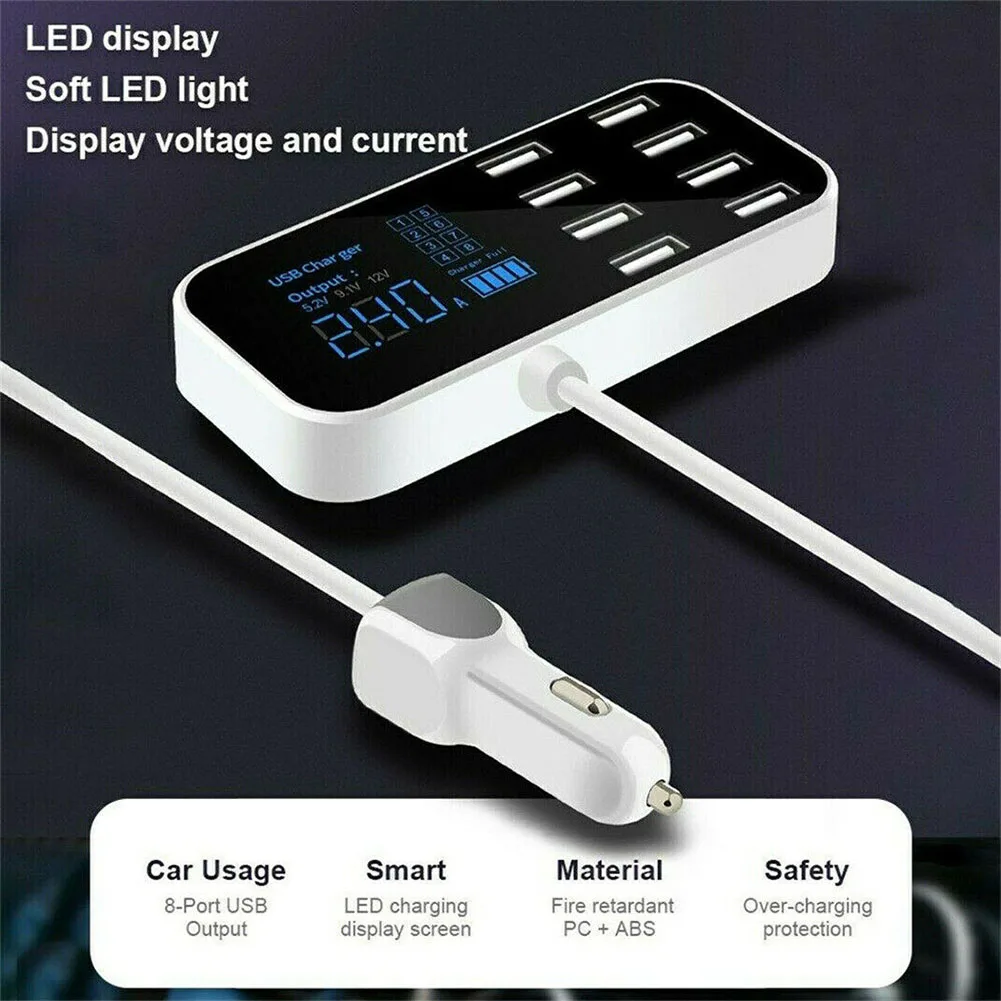 

1x DC12V-24V 40W 1 In 8 Out Car Charger 8-Port Multi USB Hub LCD Display 113*48*16mm A9S Universal Fast Charging Units 1A-2.4A