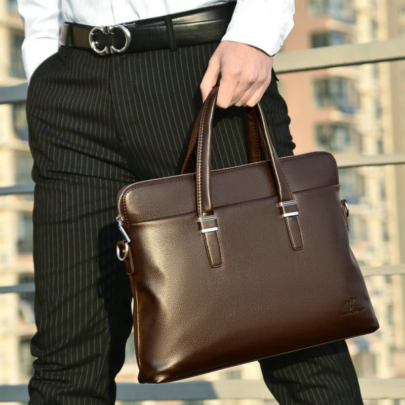 Large capacity leather briefcase Wear resistant and splash proof men's handbag 14 inch laptop case